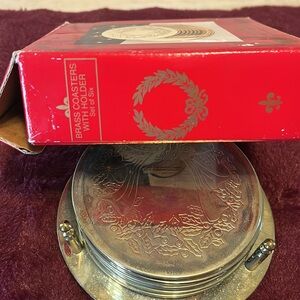 Christmas Brass Decorative  6 piece Coaster set with holder with Bow Design